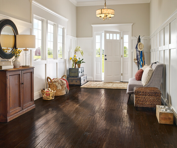 Entryway with light walls contrasting with a dark hardwood floor